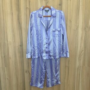 LOFT Womens Pajama Set M Purple Striped Satin Long Sleeve Lounge Sleep Preppy